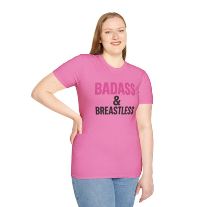 Unisex Graphic Tee | “Badass & Breastless Tee” Breast Cancer Awareness Shirt